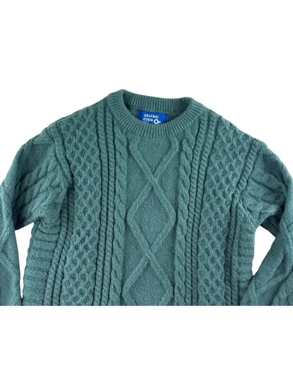 Aelfric Eden Cable Knit Sweater Men's Small Teal Green Crewneck Textured Y2K